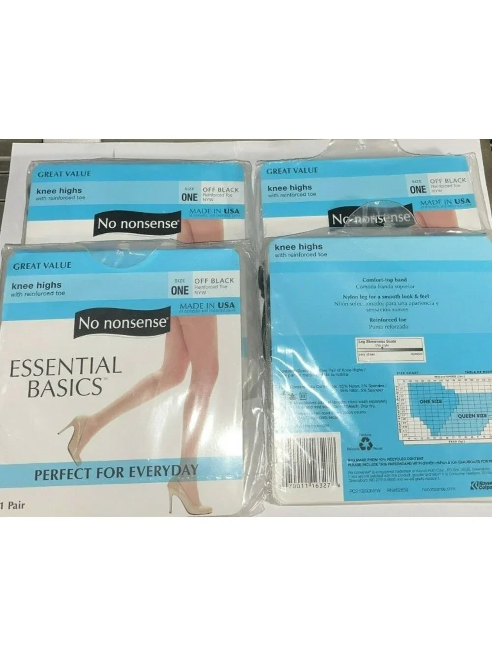 Womens No Nonsense Knee Highs (4) Size 1 OFF BLACK Reinforced Toe Sealed 4-Pack